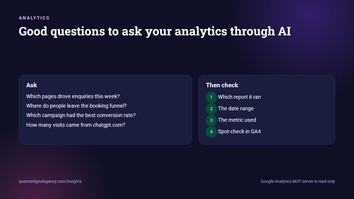 Good questions to ask Google Analytics through an AI assistant, and what to check
